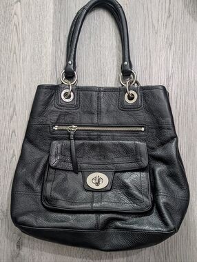 Vintage Coach Hampton Turnlock Tote Black Pebbled Leather Y2K Shoulder Bag Large